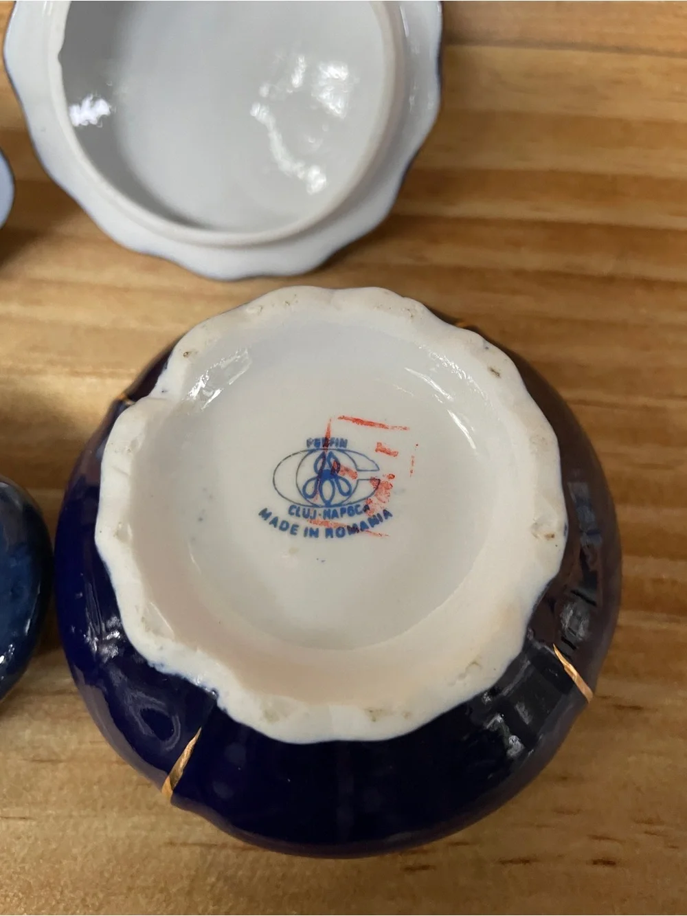 Blue Romanian Porcelain Trinket Boxes with Pink Floral Lids